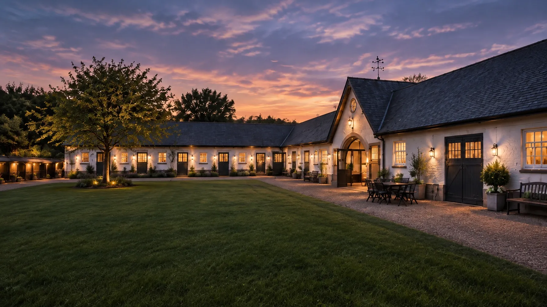 Evening view of the converted stable courtyard at The Department of Music in West Sussex
